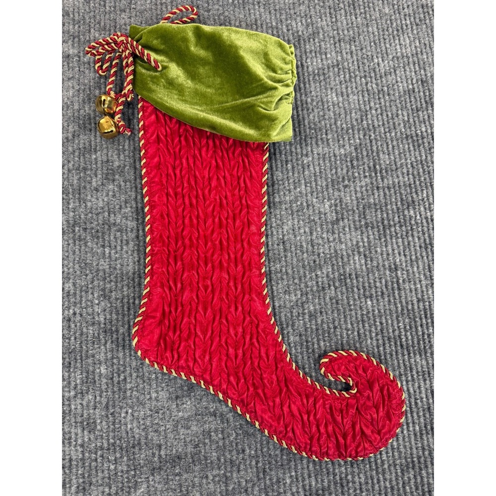 Elegant Red Quilted Christmas Stocking Olive Green Velvet Cuff Bells Elf Toe